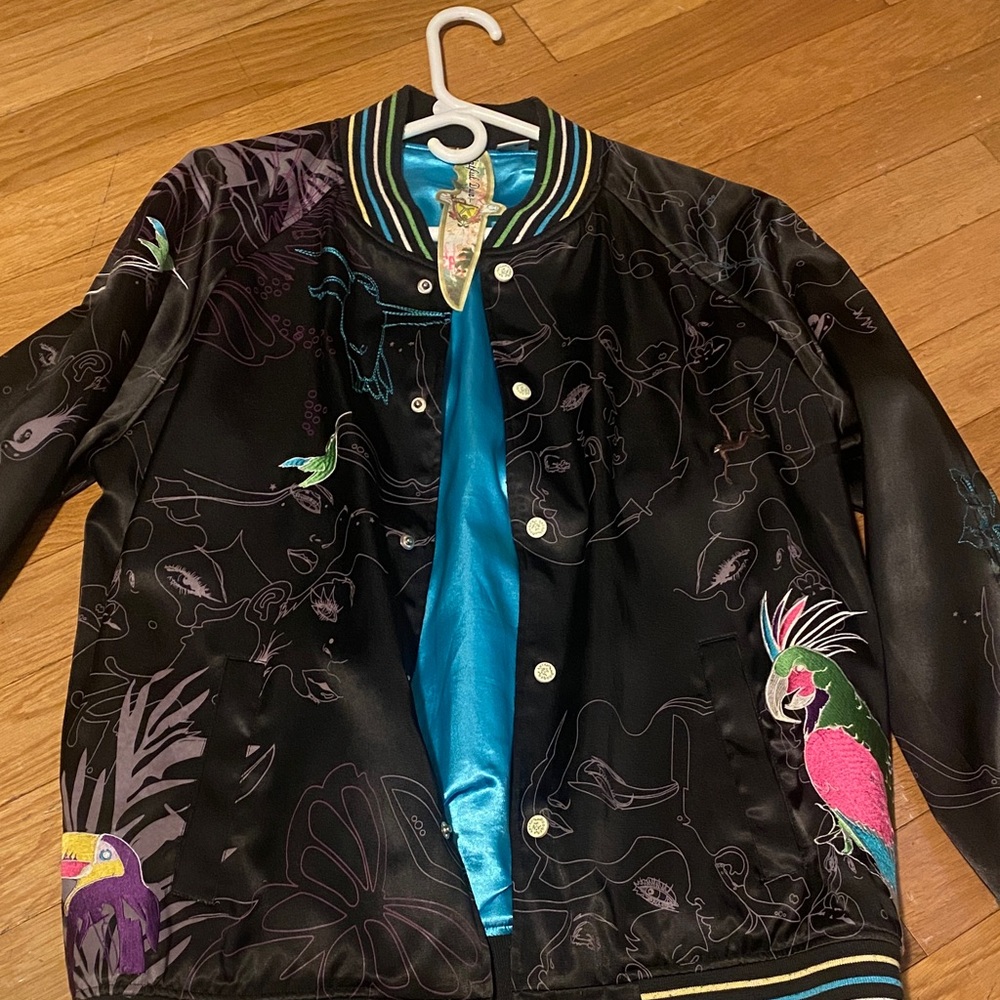 Men's Black and Blue Jacket with Parrot Design